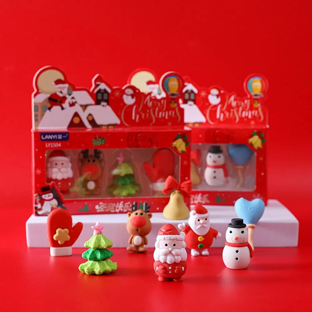 4Pcs/Set Kawaii Christmas Eraser Cute Santa Elk Snowmen Christmas Tree Pencil Erasers Set Gift Stationery Kids School Supplies