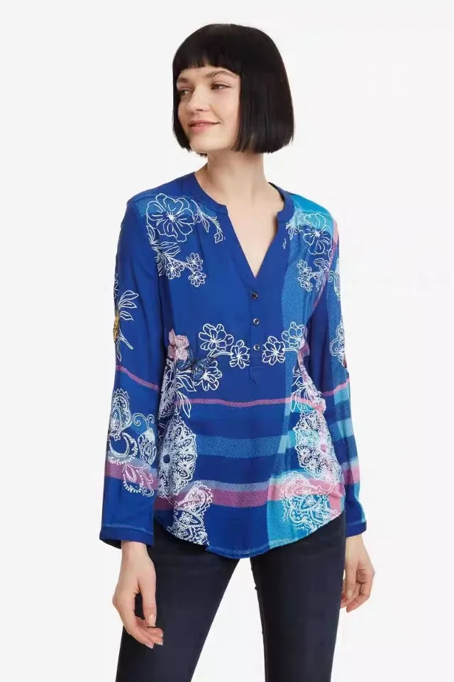 Foreign trade original single Spanish new printed hand-painted long-sleeved lapel shirt