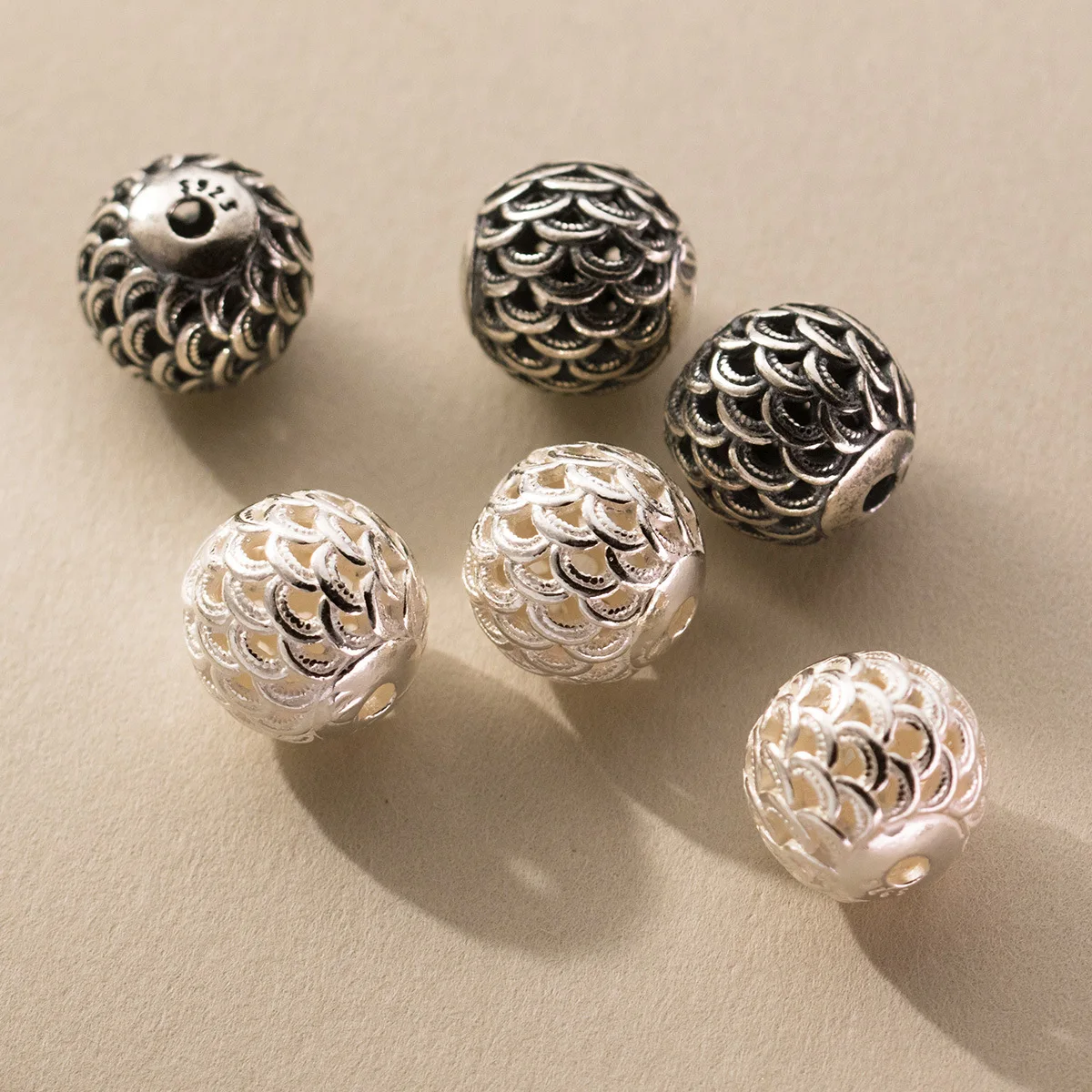 1pc/Lot 925 Sterling Silver Fancy Phoenix Tail Pattern Round Beads 12mm Fish Scale Separated Ball Spacers DIY Jewelry Material