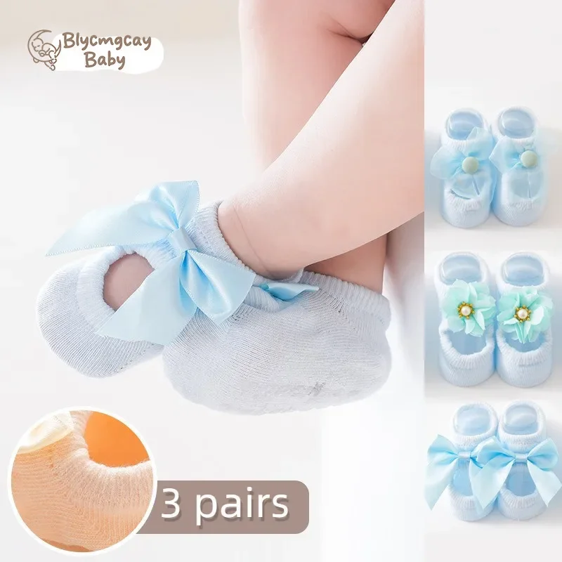 3 Pairs Baby Girl Lace Bow Socks Cotton Hollow Hole Ankle Socks Girls Solid Color Summer Non-slip Floor Socks