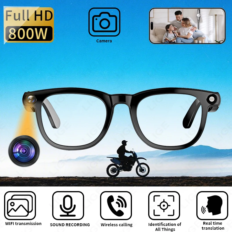 

LIGE New 800W Pixels Camera Video Shooting Smart Glasses 270mAh Battery Bluetooth Call Voice assistant AI Translation Sunglasses