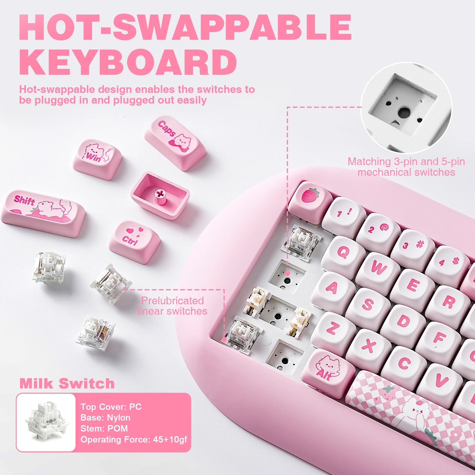 YUNZII C68 Pink 65% Hi-Fi Cute Cat Silicone Hot Swap NKRO  Ergonomic Wireless BT5.0/2.4G/Wired RGB Mechanical Gaming Keyboard