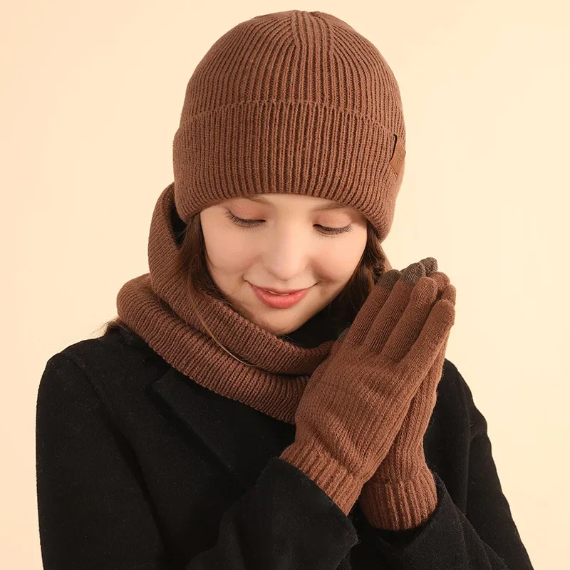 Winter Womens Hat Gloves Scarf Plush Touch Screen Knitted Full Finger Gloves Outdoor Coldproof Thickened Knit Hat Neck Snood Kit