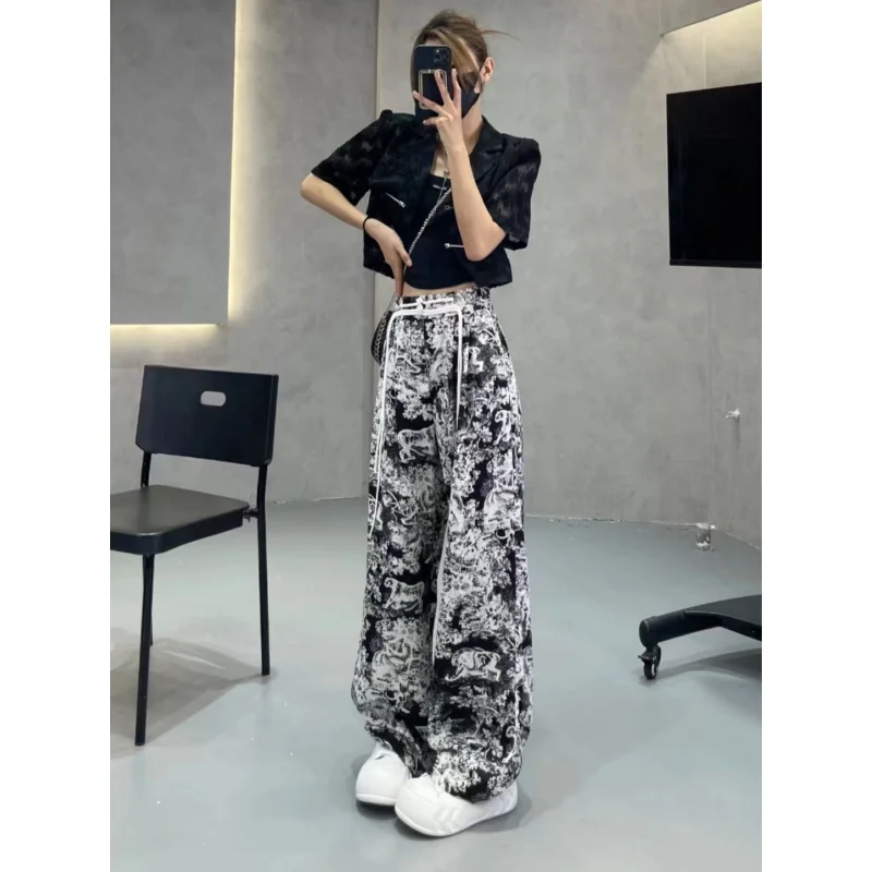 المرأة قيعان Vintage التعادل الأسود صبغ Pants غير رسمية عالية الخصر واسعة الساق السراويل المستقيمة موضة الشارع فضفاض واسع بنطلون السيدات #2
