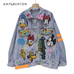 New Top Denim Jacket Fashion Sweet Cartoon Diamond Embroidery 2023 Autumn Clothing Loose Washed-out Jeans Coat Outwear