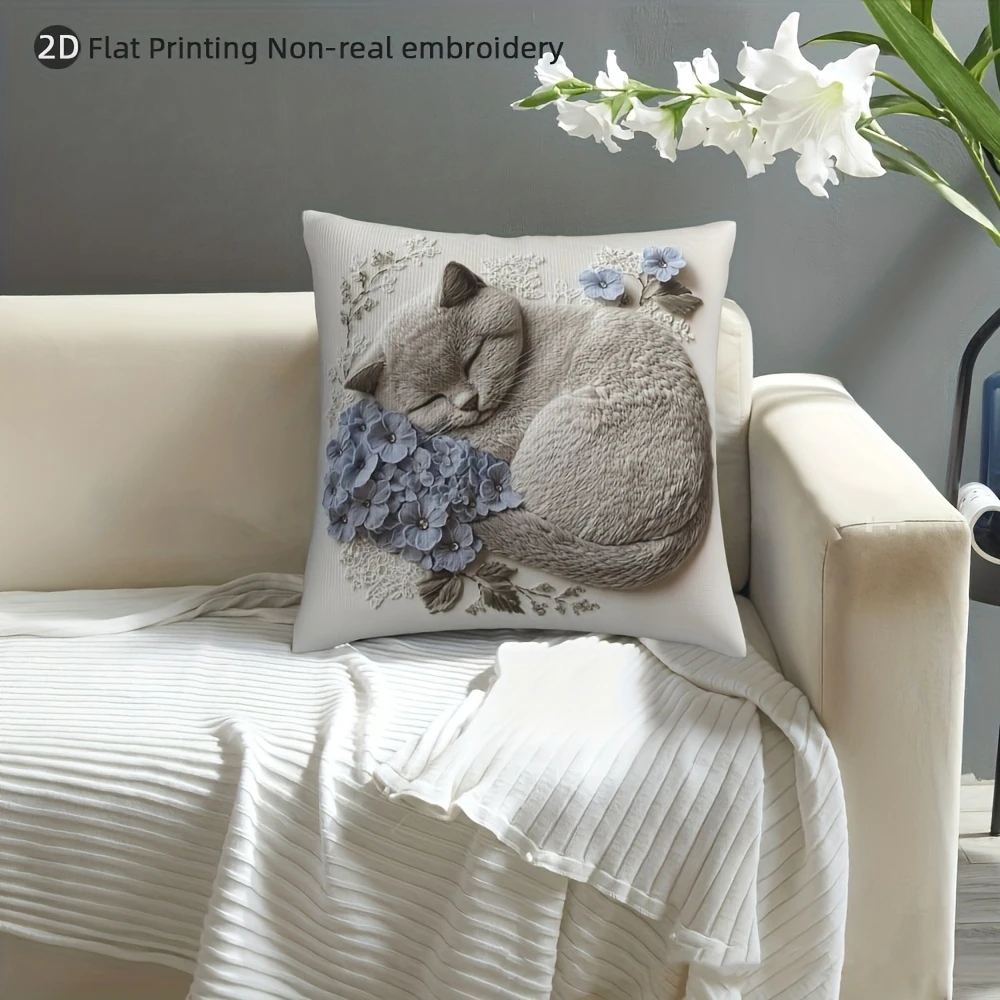 2D  Sleeping Cat Pillow Cover Cute Hydrangea Kitten Print Cushion Case for Sofa Couch Boho Cat Lover Home Decor Gift