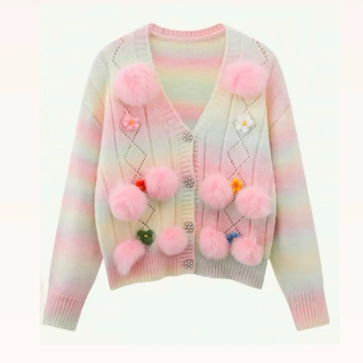 

Милый женский свитер с 3D цветами и волосатыми шариками, пальто с помпоном, вязаный кардиган, осень-зима, градиентная Радуга, свободный трикотаж, куртка, топ
