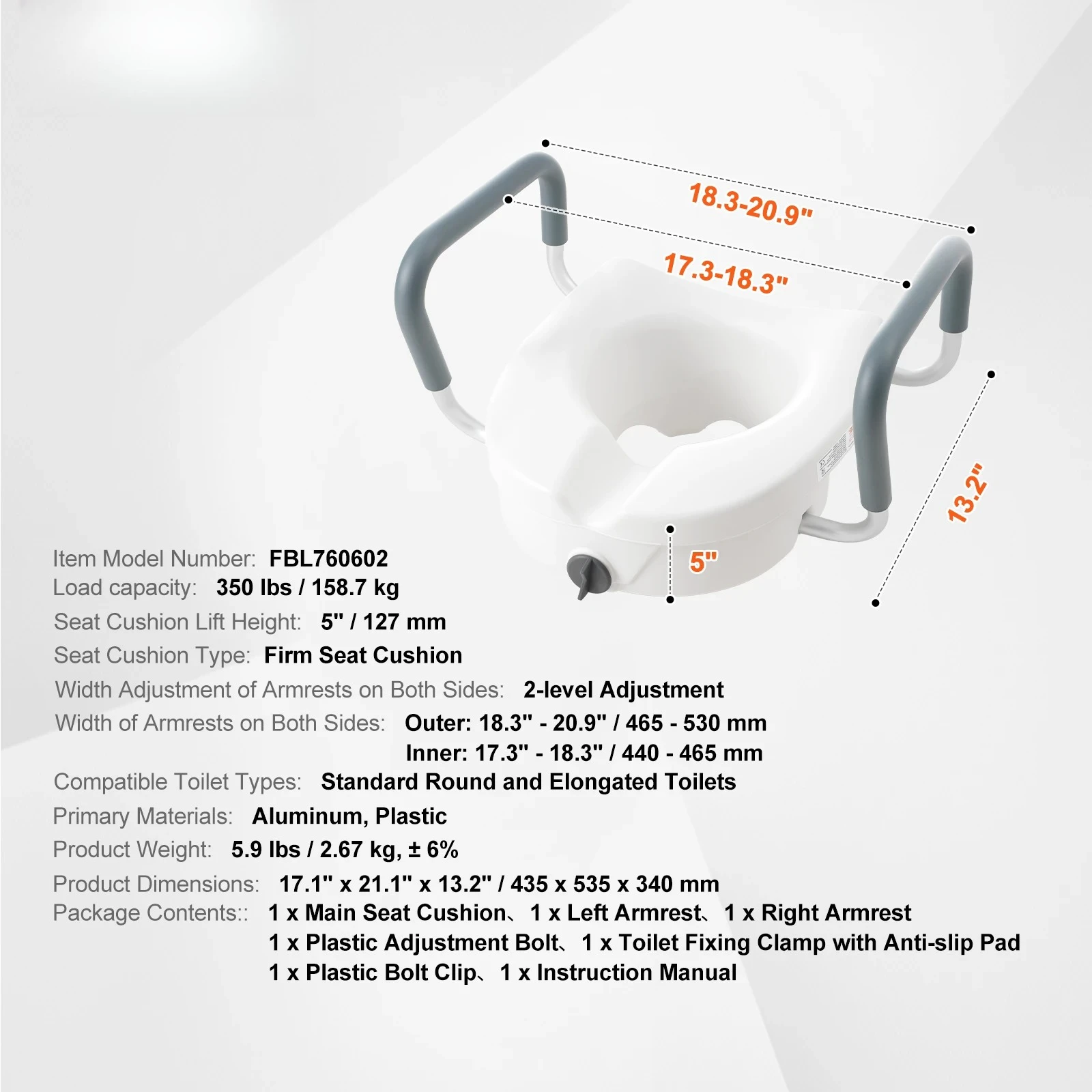 SucceBuy Raised Toilet Seat 5" Height Raised 350 lbs Weight Capacity Round and Elongated Toilet Twist Lock Installation Elderly