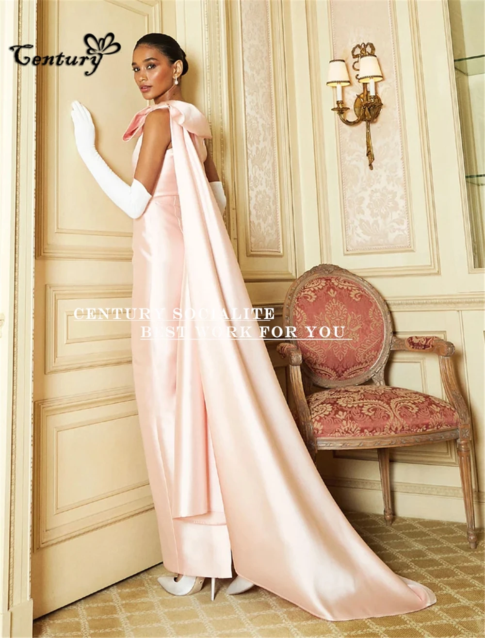 Blush Saudi Arabic Prom Dress Long 2024 Big Bow Sheath One Shoulder Satin Pageant Evening Gowns Dubai Formal Dresses Customized