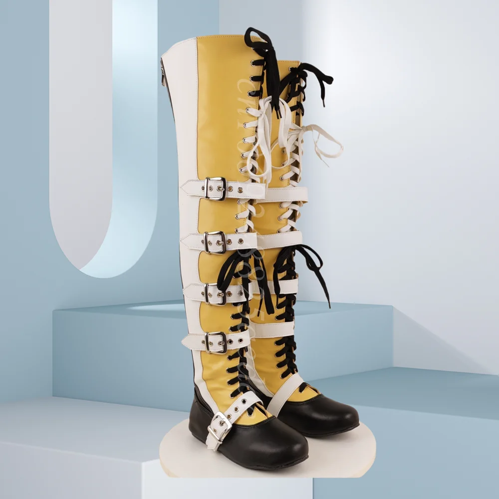 

Front Cross Tied Flat Boots Mixed Color Buckle Belts Decor Shoes Thigh High Zipper Matte Leather Shoes 2025 Zapatos Para Mujere