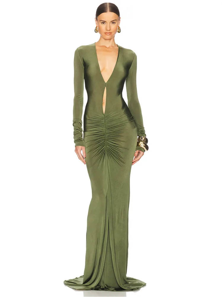 Nouveau évider à manches longues froncé Sexy robe Maxi femmes vert col en V profond moulante soirée Club fête longue robe élégante