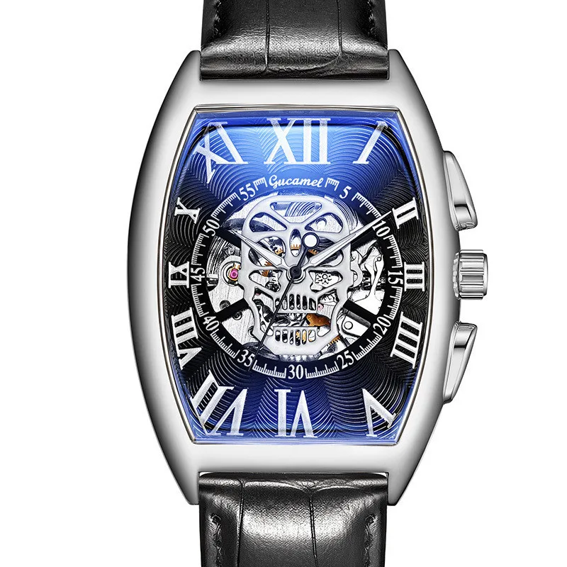 New Watch Men Fashion Leather Strap Tonneau Tourbillon Skull Hollow Automatic Mechanical Watches For Man Male Gift Drop Shipping