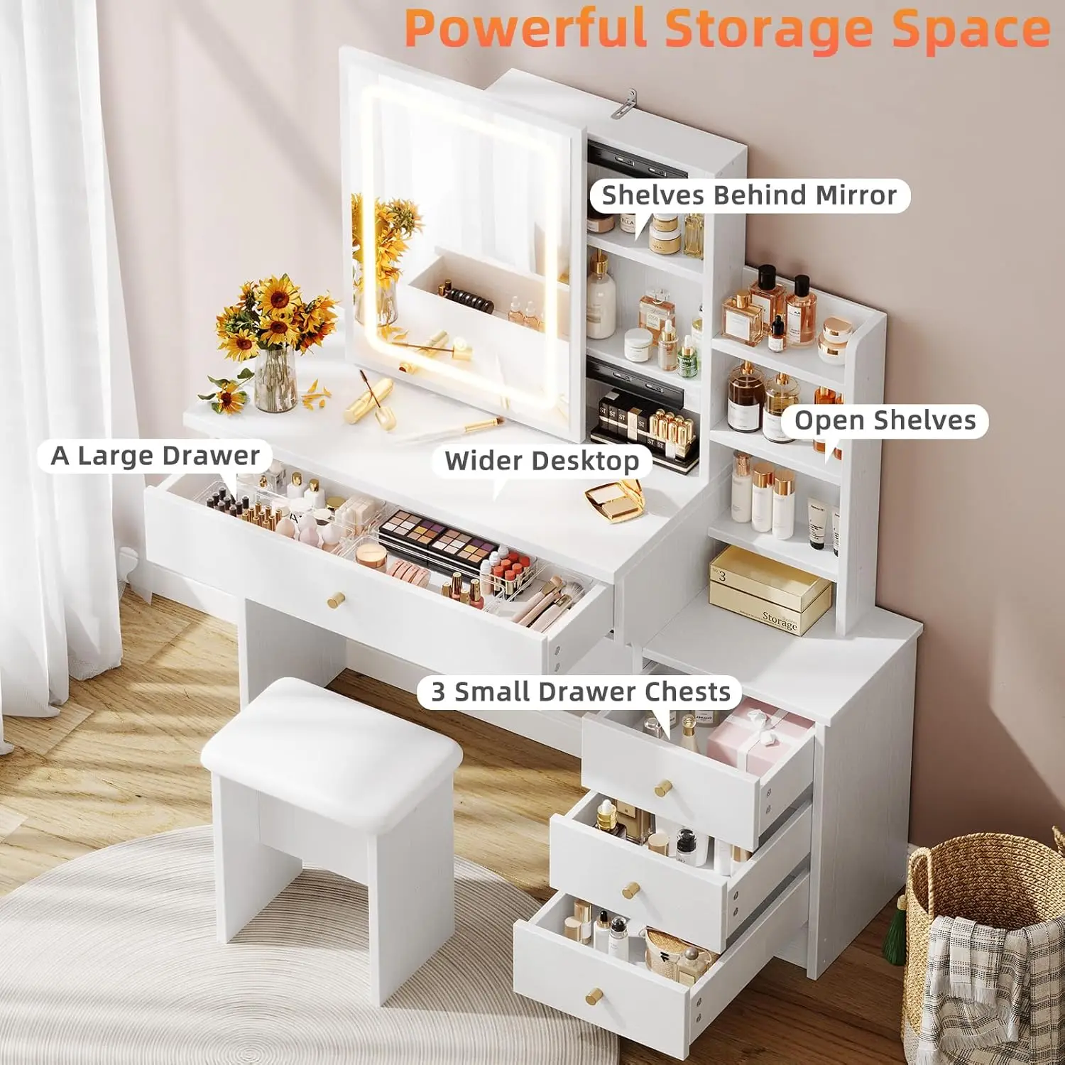 White Wooden Vanity Desk for Bedroom with 3 Adjustable Lighting Modes, Sliding Mirror, 4 Drawers and 7 Shelves view 3