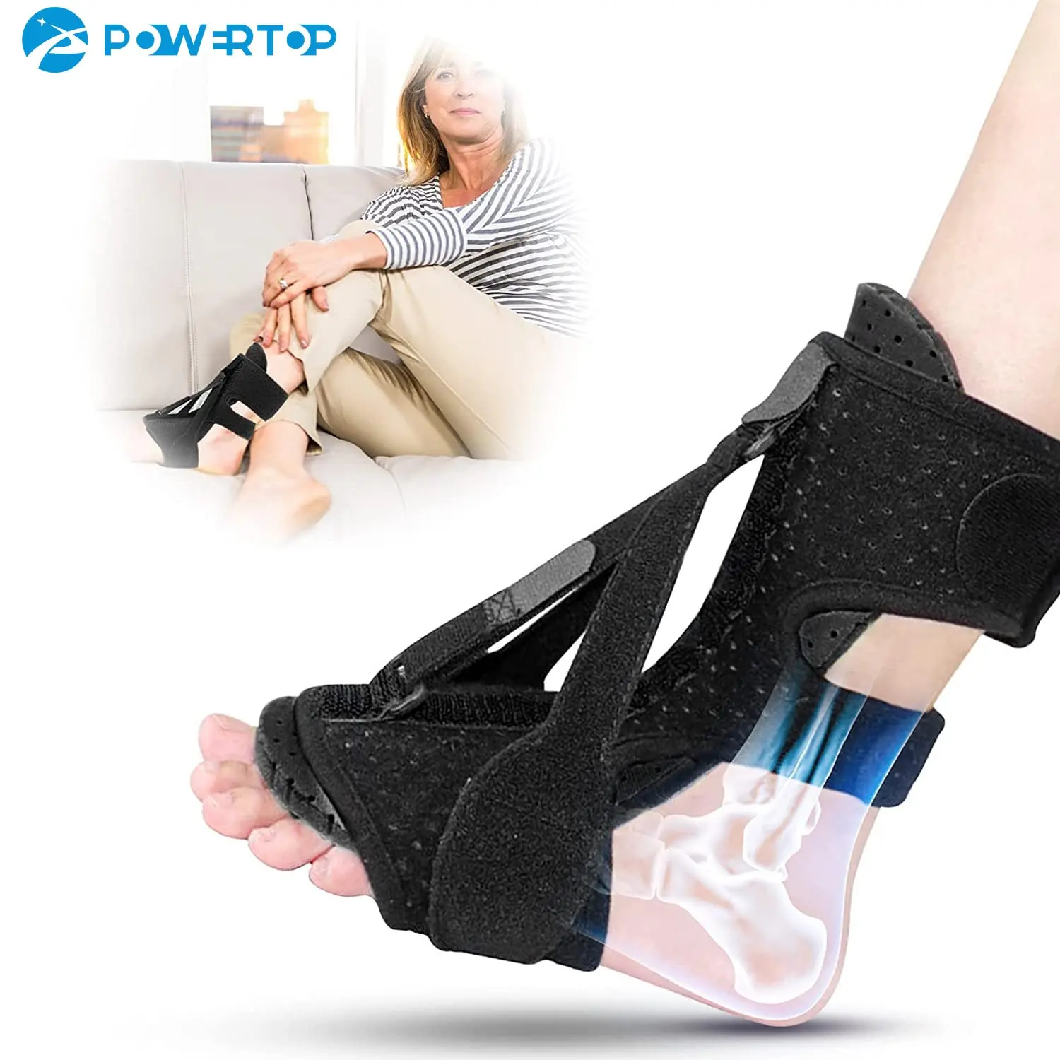 PowerTop Drop Foot Brace Adjustable Plantar Fasciitis Dorsal Night Splint Foot Support Ankle Stabilizer Orthotic Pain Relief