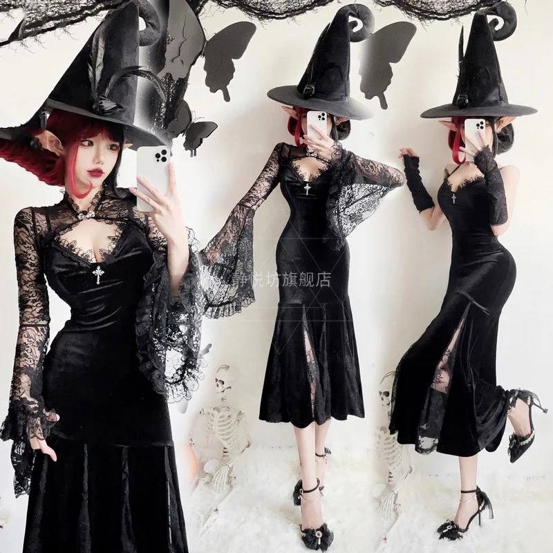 Halloween Costume for Women Anime Cosplay Dark Gothic Black Dress Sexy Cheongsam Witch Multi Inspection Set Vestidos Disfrza