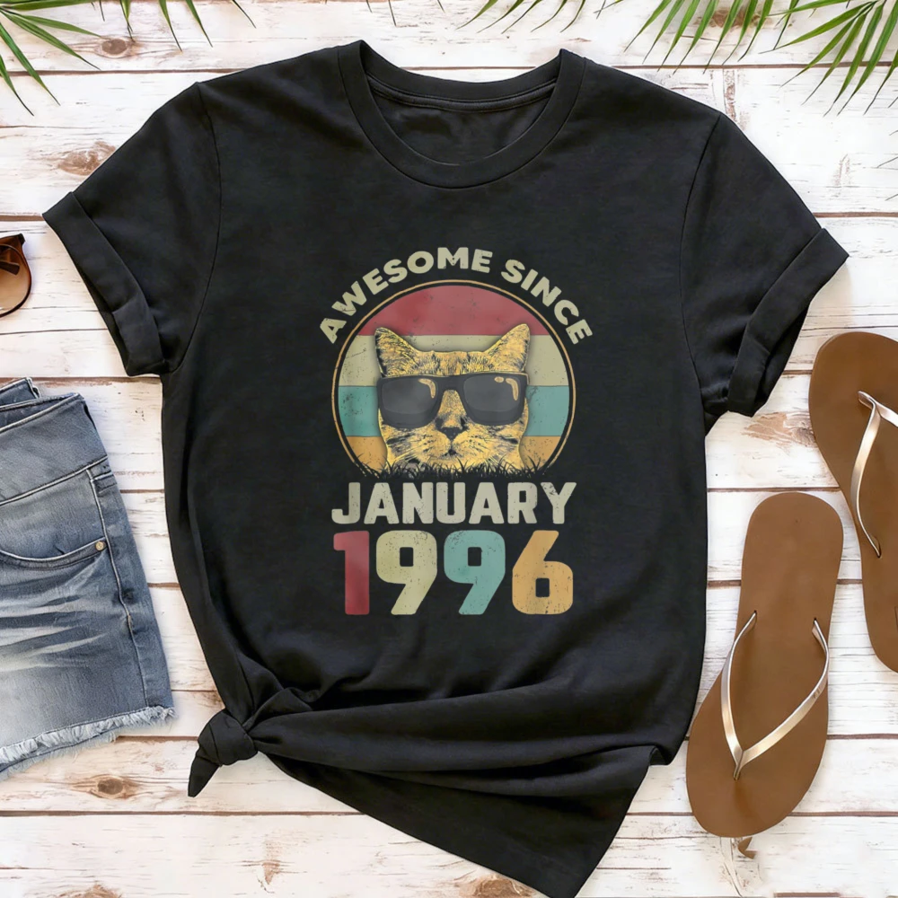 Camiseta impresionante desde enero de 1996 para hombres y mujeres, camiseta gráfica Vintage Cool Cat con gafas de sol, regalo de cumpleaños número 30, camisetas para amantes de los animales