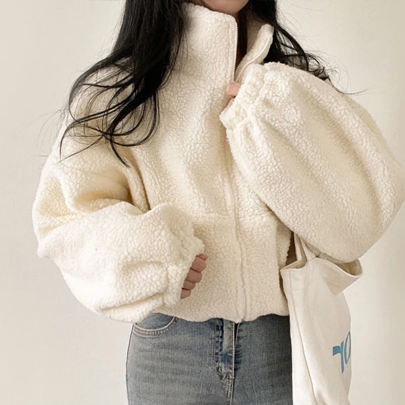 ฤดูหนาว Lambswool แจ็คเก็ตผู้หญิงสีทึบคอยาวแขนยาว Plush Crop Coat