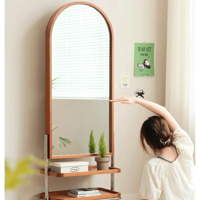 mirror Full body mirror Movable mirror Storage magazine rack Solid wood full-length Floor  Household simplicity