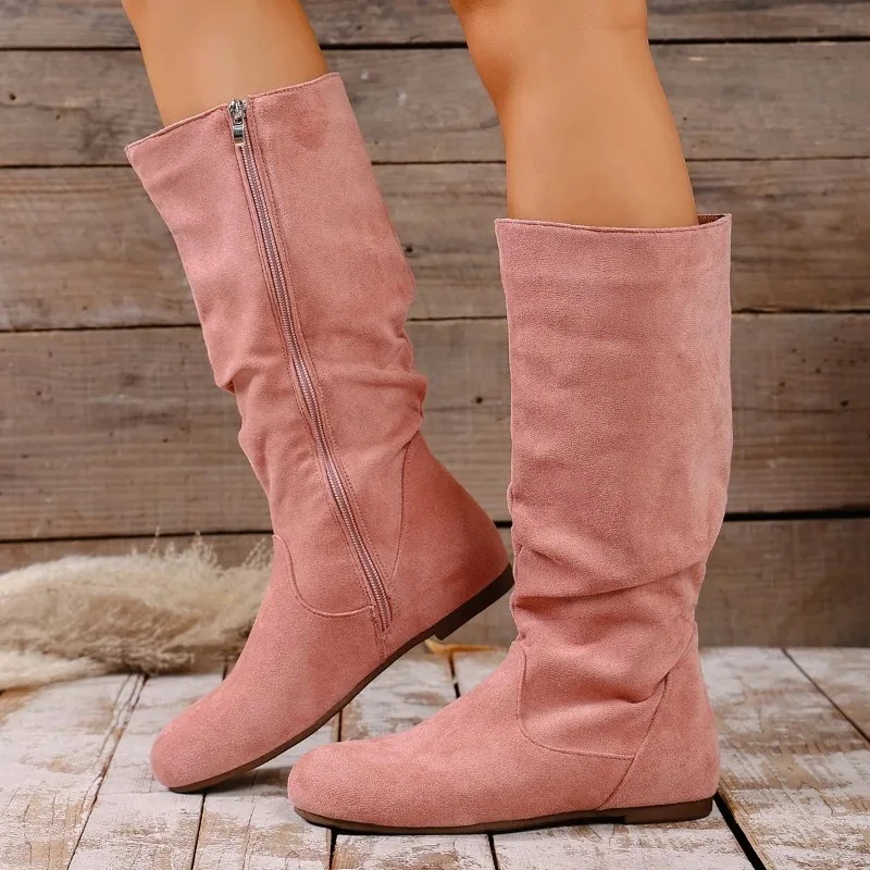 2025 invierno nueva moda cremallera lateral botas altas Retro gamuza fondo suave botas de moda antideslizantes