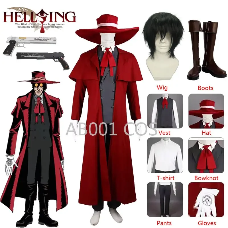 Costumes de cosplay de chasseur de vampires pour hommes et femmes, Hellsing Alucard, manteau long imbibé, t-shirt et pantalon imbibés, carnaval d'Halloween