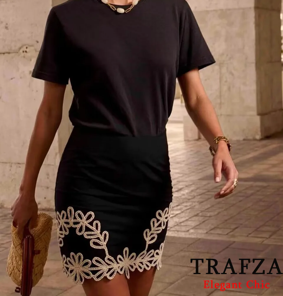 TRAFZA-Mini-saia bordada de luxo para mulheres, colete sem mangas, conjunto viajante de férias, casual, novo, verão, 2024