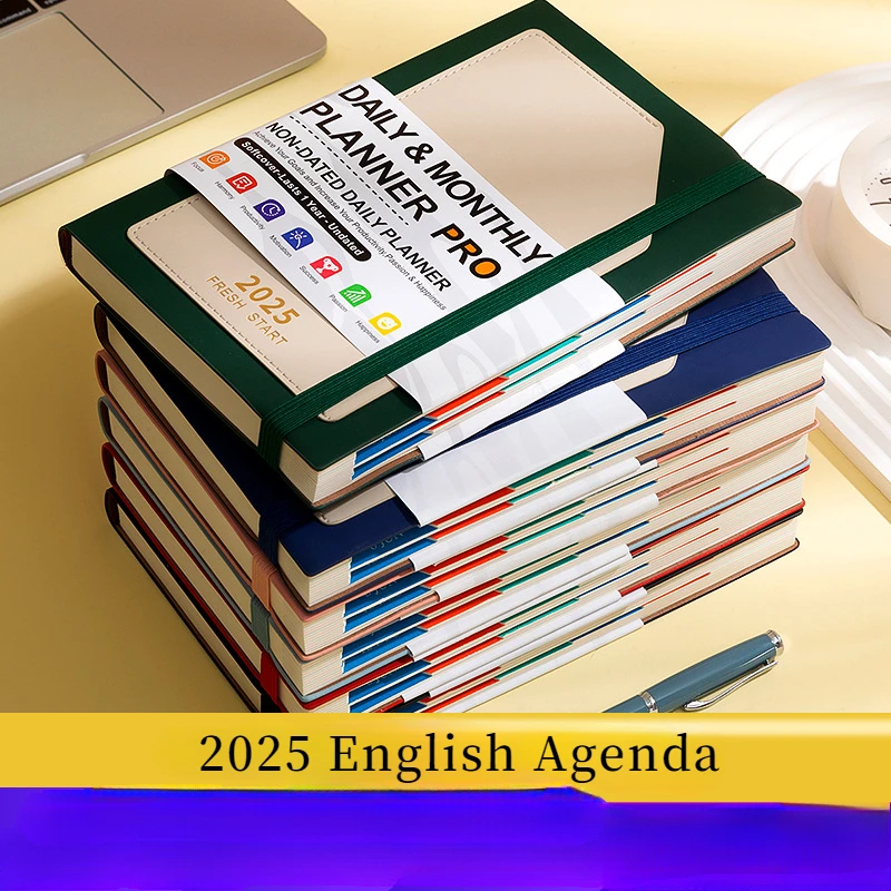 2025 English Schedule Daily Weekly Planner Efficiency Manual A5 Pocket Strap Notebook Diary Agenda Book One Page Two Days