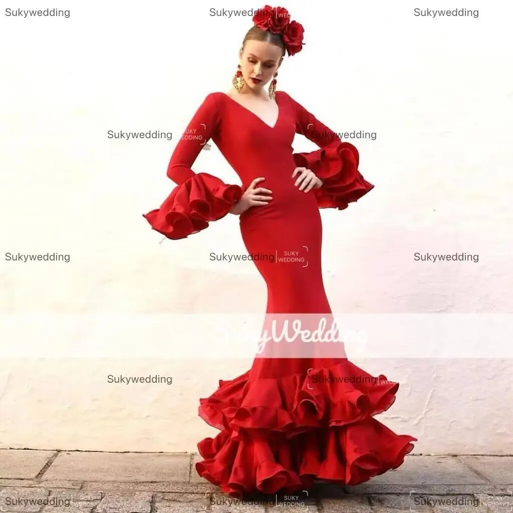 Red Flamenca Prom Dress Dancing Dress for Women Evening Long Flare Sleeves Retro Palace Party Gowns Occasion Gowns Customized