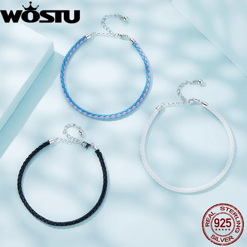 WOSTU 925 Sterling Silver European Simple Leather Bracelets for Women Basic Adjustable Multi color Chains Link Wedding Jewelry