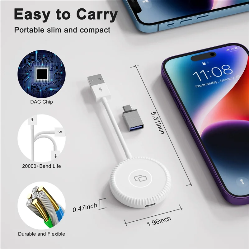 N05R 2PCS Wired Carplay Mirror Adapter For  Carplay Mirror Dongle With PD For Converting Video To Car Display, Durable