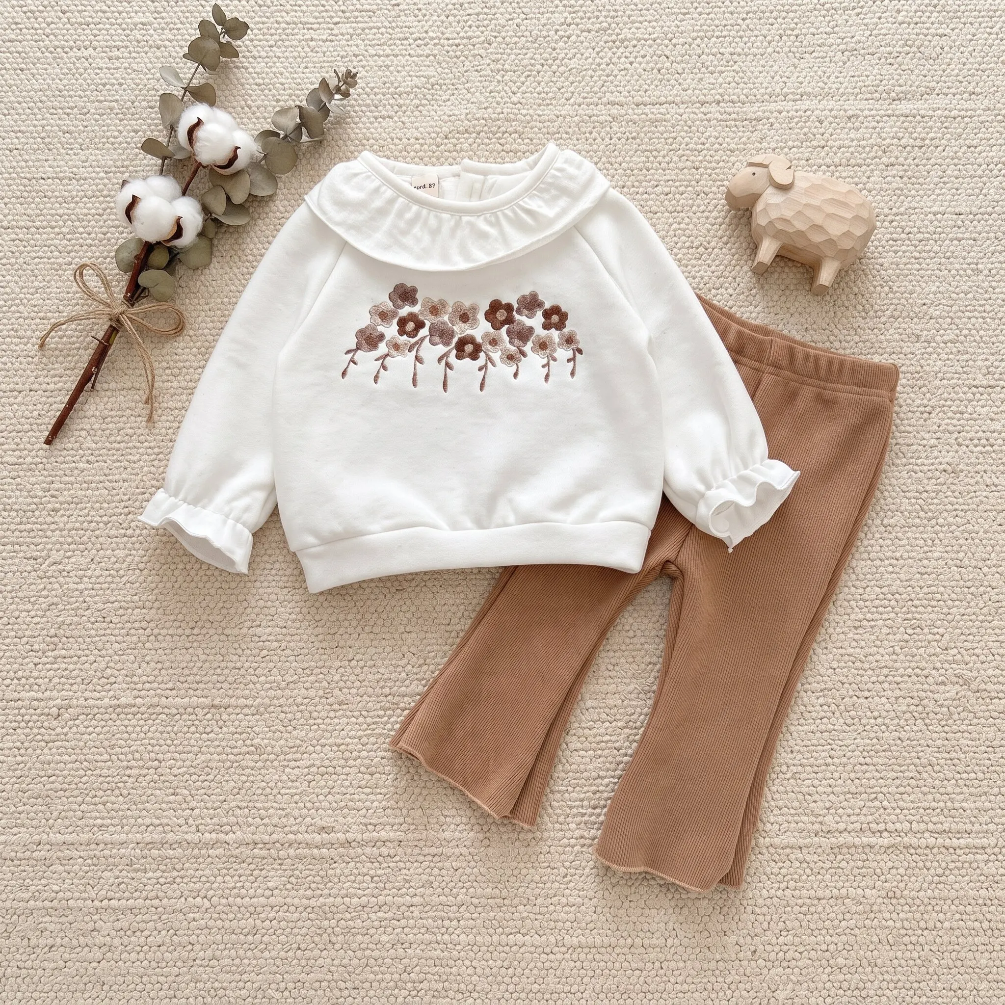 Baby Girl Vintage Floral Embroidery 2Pcs Set Ruffle Collar White Top Coffee Ribbed Flare Pants Toddler Girls Spring Outfit
