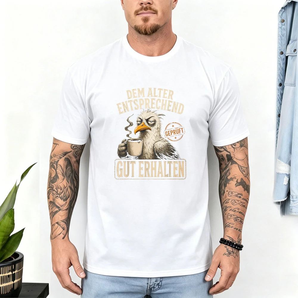 Men's Vintage Grumpy Eagle Coffee Print T Shirt Age Appropriate Good Receive German Slogan Cotton Gift Tea for Coffee Lover Tees