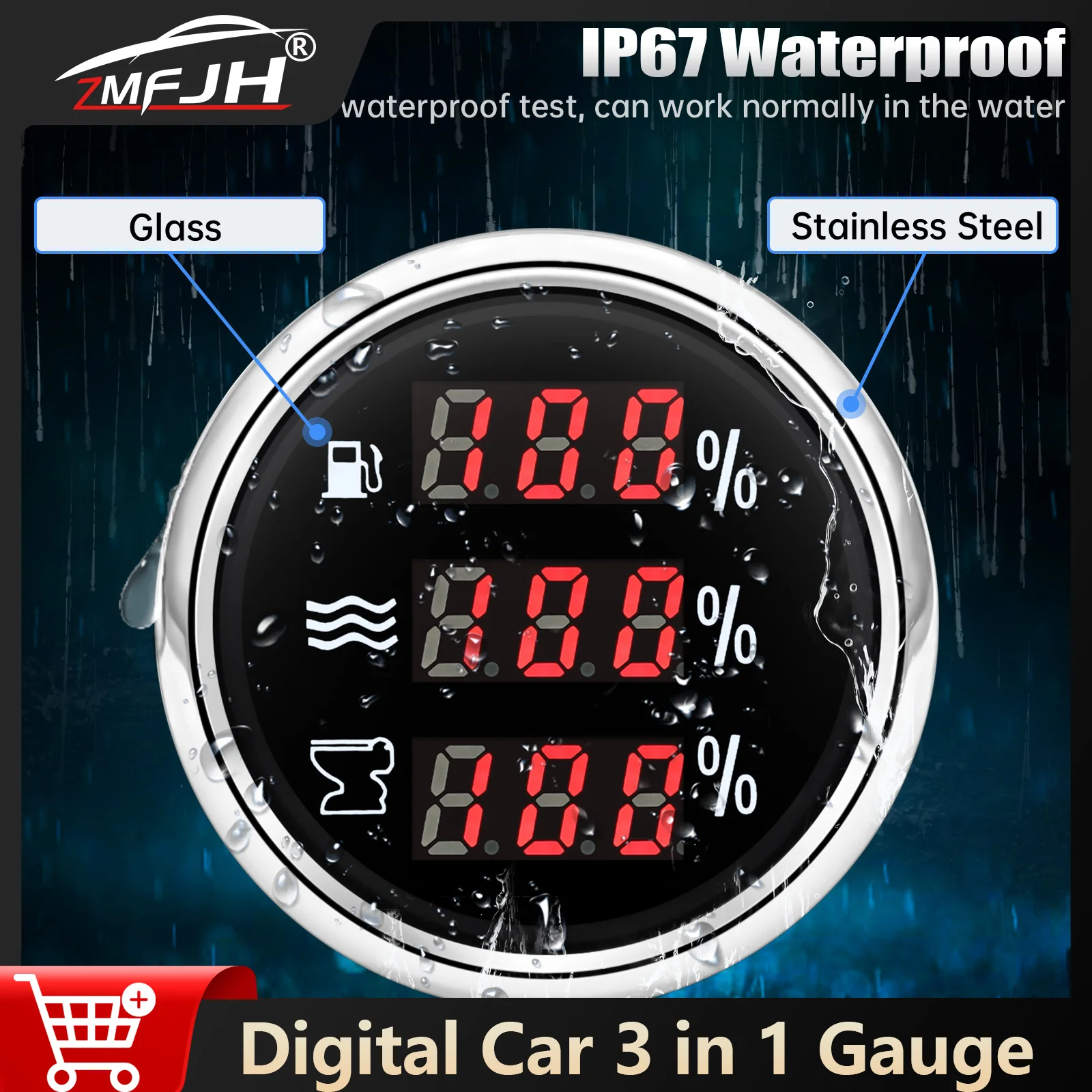 

52mm Fuel Level Meter Water Level Meter Sewage Level Gauge 0-190ohm 3 in 1 Gauge With Red Backlight For Marine Car Yacht 12V 24V