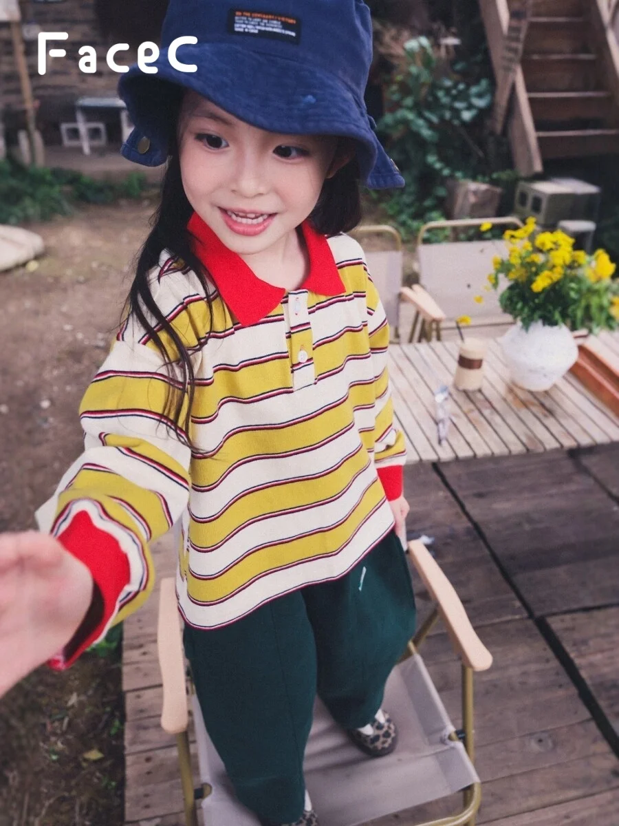 Loose Long Sleeve Striped  Shirt for Girls Outdoor Autumn New Style FaceC Mountain Series T-Shirt Children's Clothing
