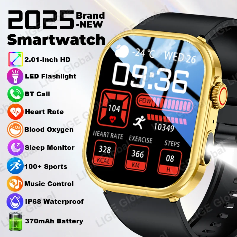 

LIGE New Men Smart Watch Flashlight 370mAh 2.01" HD Screen AI Voice Bluetooth Call Sport Women Watches Health Monitor Smartwatch