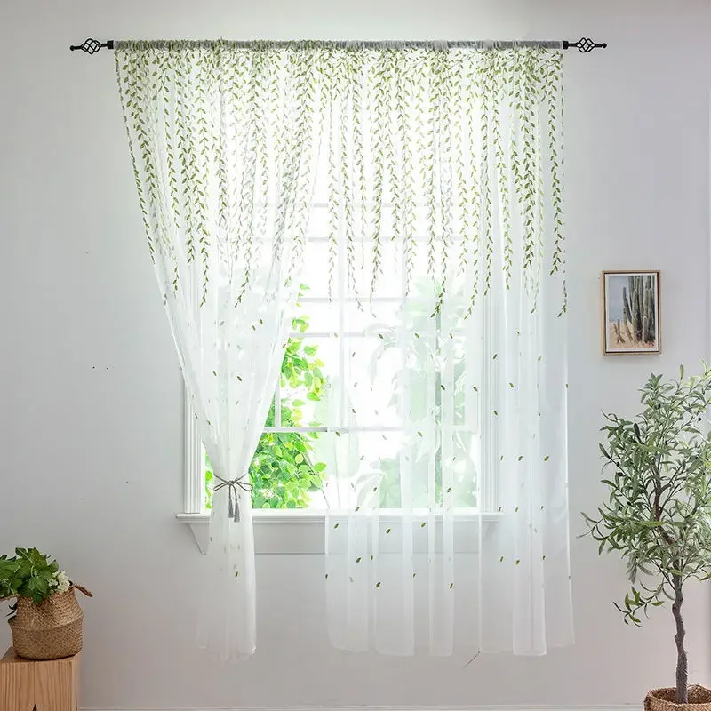 

Curtain 2 Panels 200cm Green Leaf Embroidery White Sheer Window Treatment Rustic Farmhouse Pastoral Style Drape for Living Room
