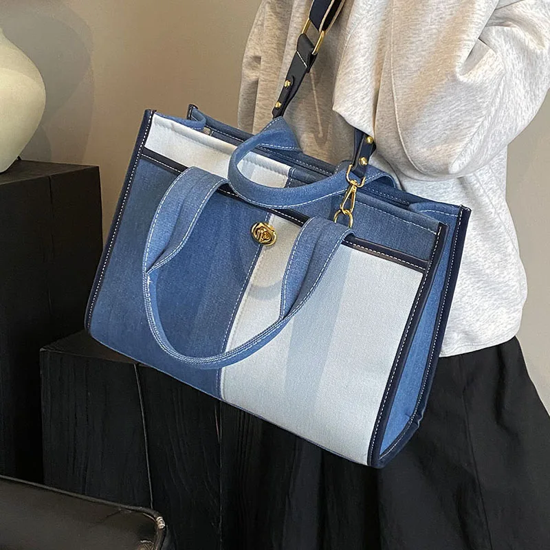 Large Pathwork Denim Bag Totes Handbag and Purses Women Shoulder Crossbody Bag 2024 New Trendy Designer Ladies Messenger Bags