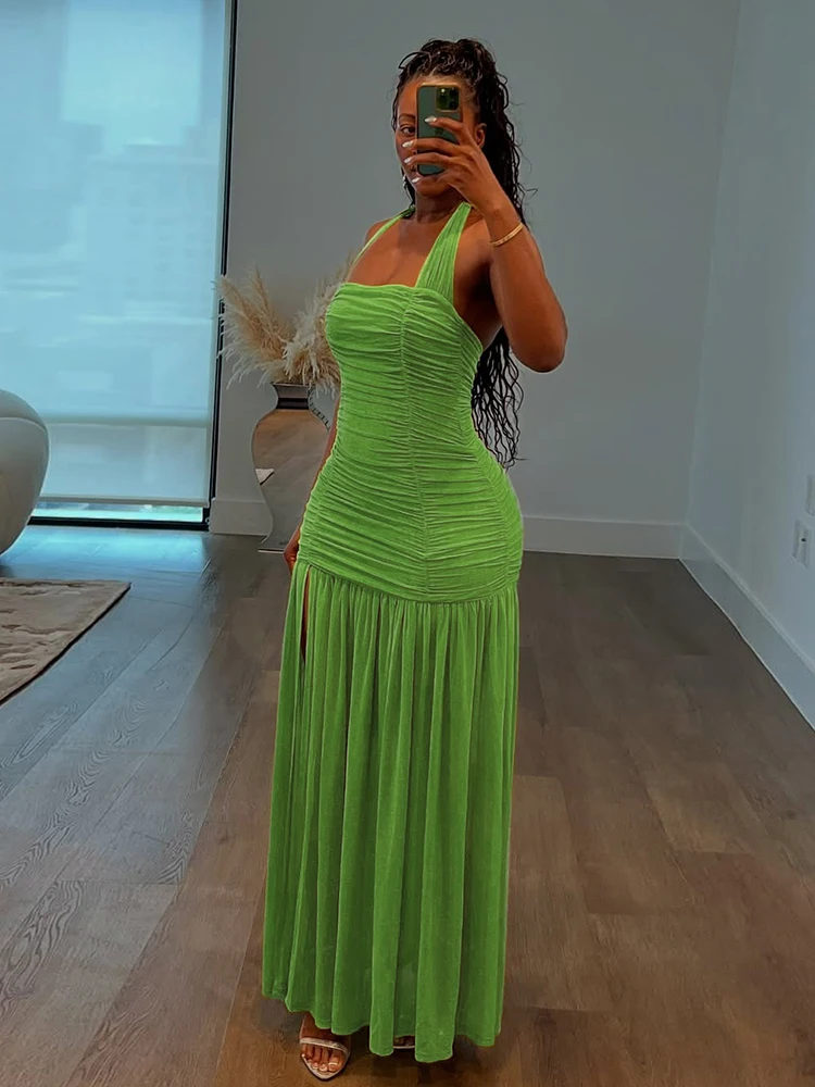 kliou Shirring Patchwork Women Maxi Dress Sexy Halter Backless Cleavage Straight Long Robe Sheer Mujer Party Festival Vestidos