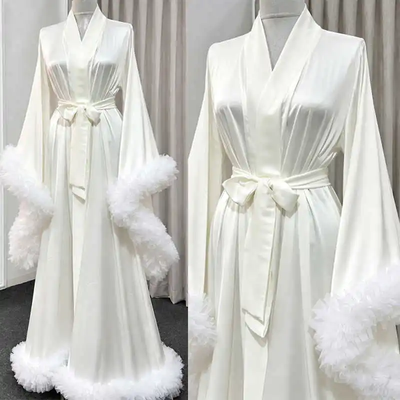 Elegant Robe Smooth Satin Wide Sleeve Fluffy Tulle Cuff Waist Tie Long Floor Length Open Front Maternity Studio Customized