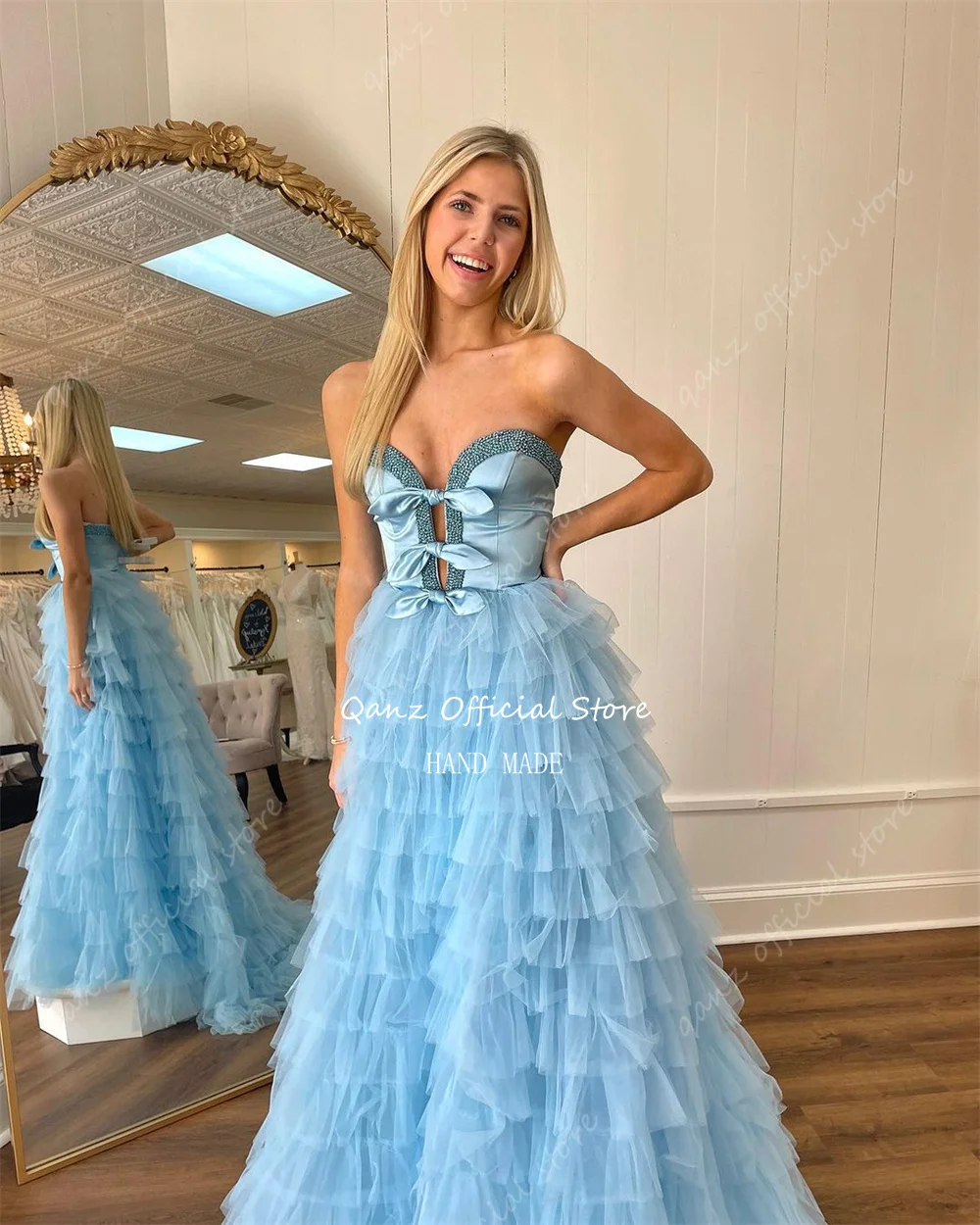 Qanz Elegant Sky Blue Prom Dresses Sweetheart Tulle Frill-Layered Tiered Vestidos De Festa Ruched Floor Length Party Dress Women