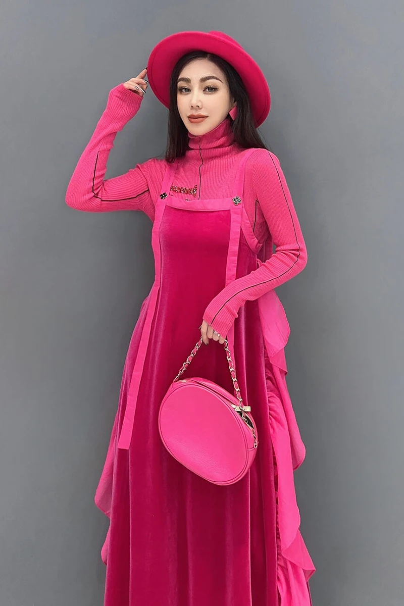 Vefadisa 2024 Fall New Red Women\'s Velvet Strap Dresses Waist Stitching A Line Dress Elegant Casual Fashion Dress ZXY641A