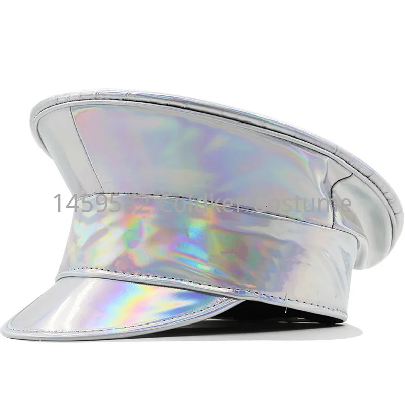 Women Men PU Leather Captain Cap Rainbow Laser Patent Leather Military Hat Prom Performance Bar Cosplay Show Hat Beret Cap