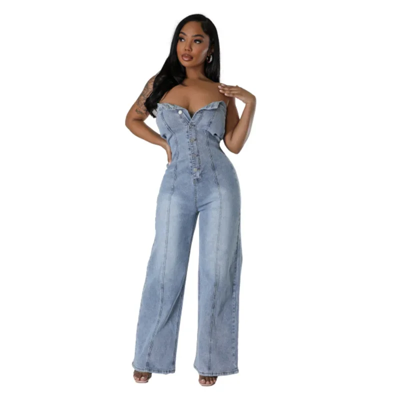 Fashion Off The Shoulder Sleeveless Denim Jumpsuit Women Backless Single-breasted Half-open Rompers Casual One-piece Pants 2024