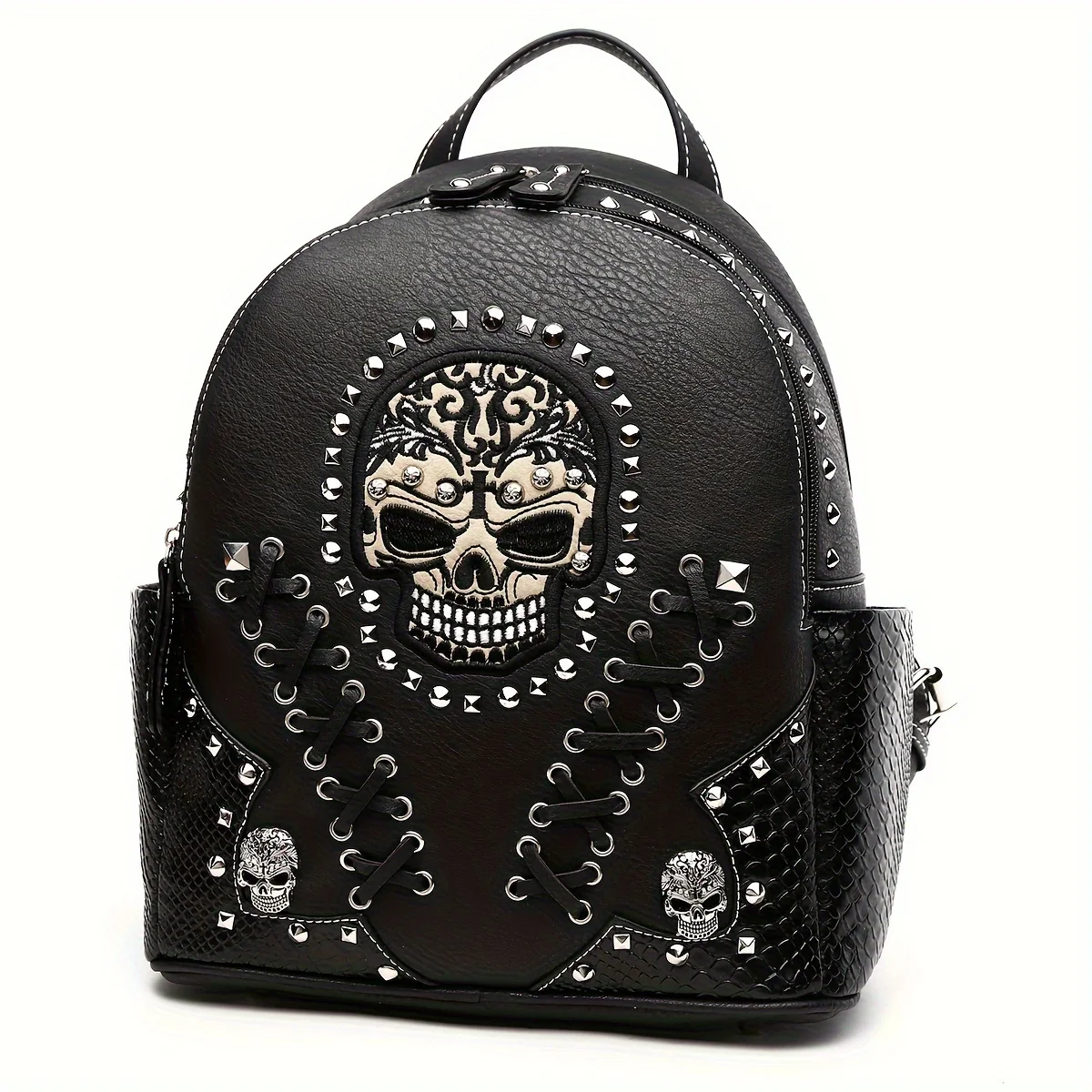 Sugar Skeleton Punk Art Rivet Riding Women's Fashion Python Backpack Shoulder Bag Wallet Set (Black Set), Large Size