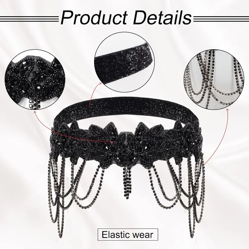 jaren 1920 Goth accessoires voor vrouwen Gatsby kostuum Roaring 20s kralen kwastjes voorhoofd hoofdbanden Vintage zwarte Flapper hoofddeksels