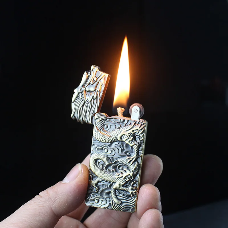 

Creative Embossed Chinese Dragon Lighter Double-sided Engraved Metal Thin Grinding Wheel Popular Lighter Gadgets for Men