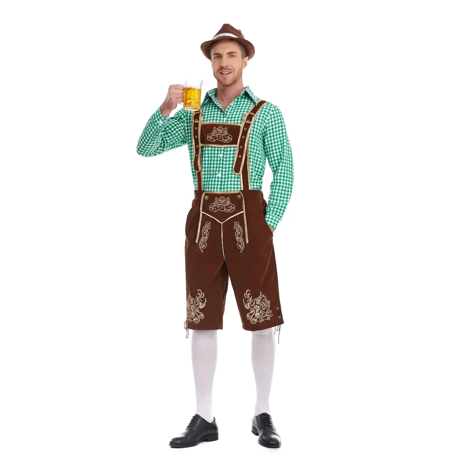 Adulto hombres carnaval Oktoberfest traje 3 unids/set tradicional Alemania cerveza bávara barman tirantes pantalones cortos camisa sombrero Halloween