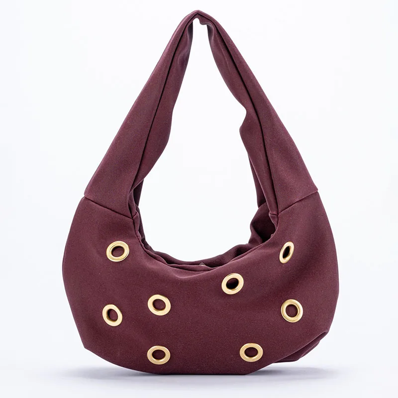 

Fashion Shoulder Bag With Hollow Rivet Design Underarm Bag Women'S Handbag Burgundy Dumpling Bag