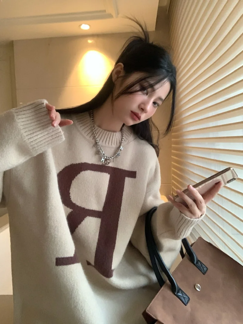 Nomikuma Pull Femme Korean Letter R O-neck Sweaters Thick Causal Pullover Knitted Tops 2023 Autumn Winter New Women Knitwear