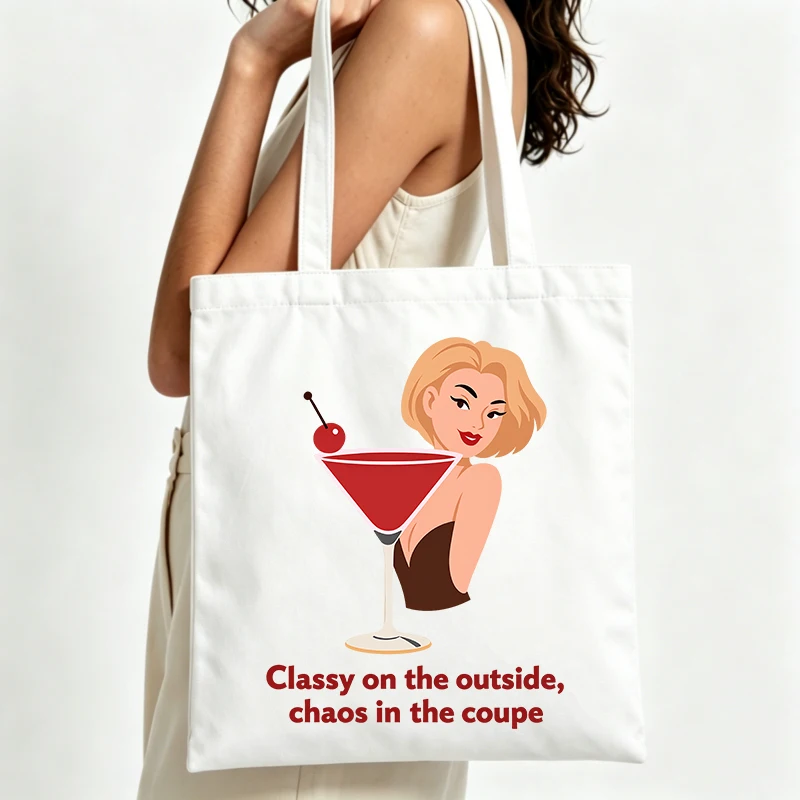 cocktail graphic canvas tote bag with retro style, perfect for casual outings and daily shopping