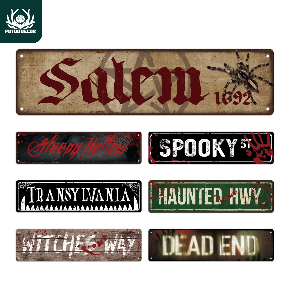 Putuo Decor 1 pieza de letrero de carretera de metal vintage, Salem 1692 Sleepy Hollow Transylvania Witches Way Spooky St, regalo de Halloween